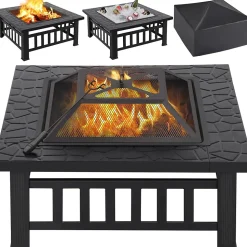 Braséro Exterieur Carré Noir - Couvercle en Maille - Multifonctionnelle 81x81x50cm - Jardin - Poêles à Bois