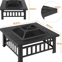 Braséro Exterieur Carré Noir - Couvercle en Maille - Multifonctionnelle 81x81x50cm - Jardin - Poêles à Bois