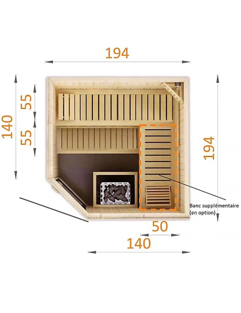 Cabine de sauna d'angle finlandais MAFANA 4 places 194x194 x H.199 cm