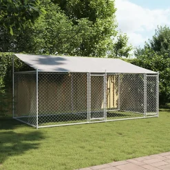 Cage pour chien avec toit et portes gris 4x2x2m acier galvanisé