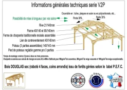 Carport 2 pentes, 500cm x 1250cm, bois DOUGLAS Français (Charpente en bois-auvent-abri voiture), 63 m². Garantie 10 ans
