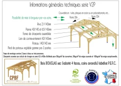Carport 2 pentes, 500cm x 1250cm, bois DOUGLAS Français (Charpente en bois-auvent-abri voiture), 63 m². Garantie 10 ans