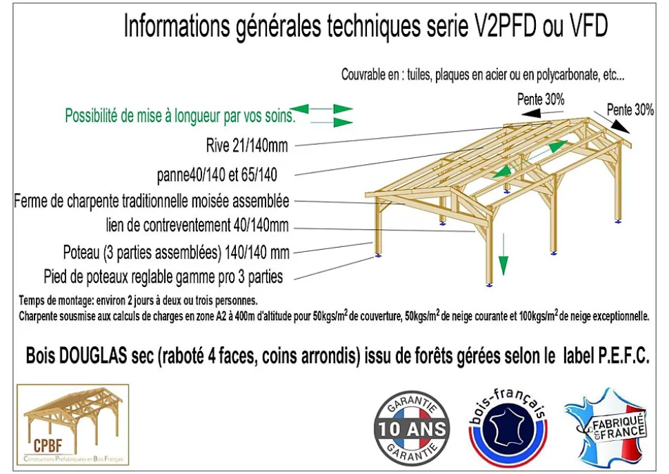 Carport 2 pentes faitage décalé, 650cmx600cm, bois DOUGLAS Français (Charpente en bois-auvent-abri voiture)39 m². Garantie 10 ans