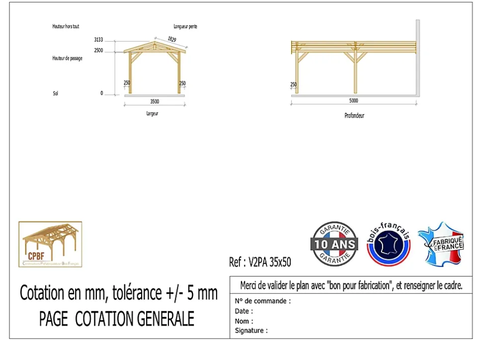 Carport adossé deux pentes 350cmx550cm bois DOUGLAS Français (Charpente en bois-auvent-abri voiture) 20m². Garantie 10 ans