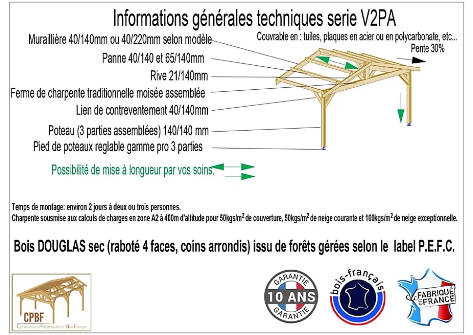Carport adossé deux pentes 350cmx550cm bois DOUGLAS Français (Charpente en bois-auvent-abri voiture) 20m². Garantie 10 ans