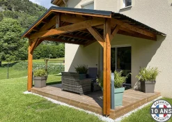 Carport adossé deux pentes 350cmx550cm bois DOUGLAS Français (Charpente en bois-auvent-abri voiture) 20m². Garantie 10 ans