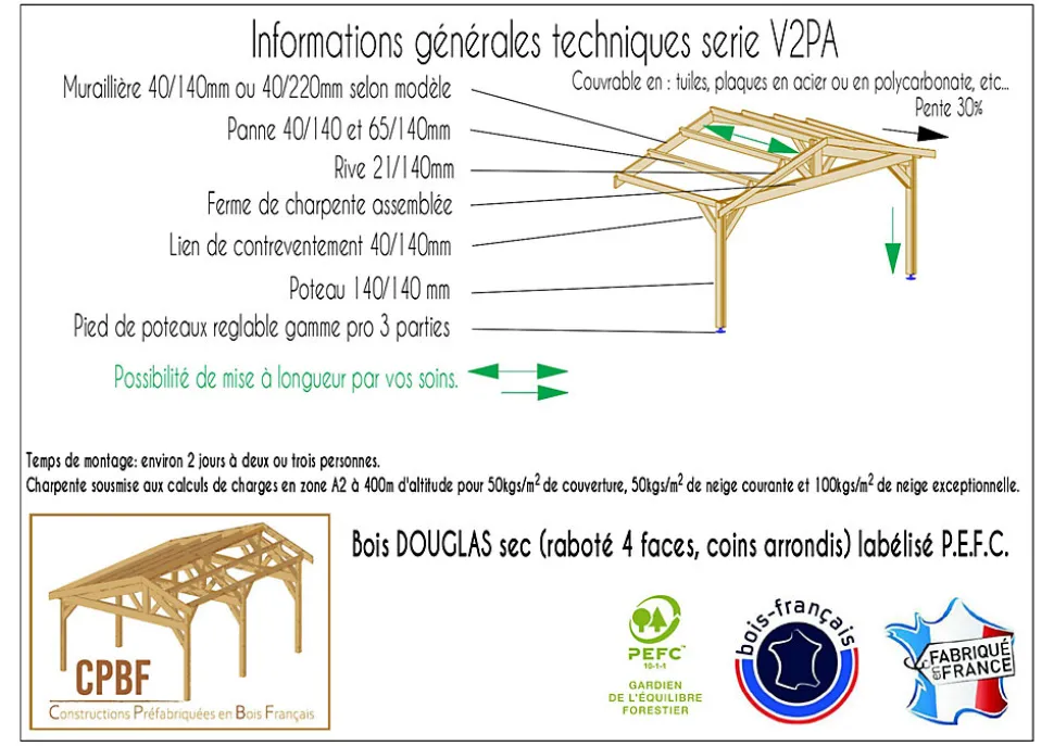 Carport adossé deux pentes 350cmx550cm bois DOUGLAS Français (Charpente en bois-auvent-abri voiture) 20m². Garantie 10 ans