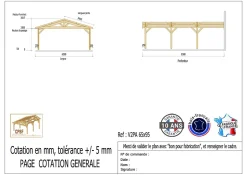 Carport adossé deux pentes 650cmx1250cm bois DOUGLAS Français (Charpente en bois-auvent-abri voiture) 82m². Garantie 10 ans