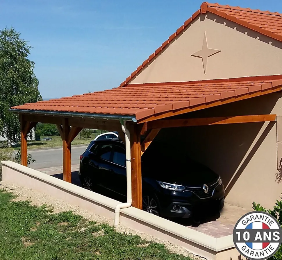 Carport adossé une pente 350cmx700cm, bois DOUGLAS Français (Charpente en bois-auvent-abri voiture) 25 m². Garantie 10 ans