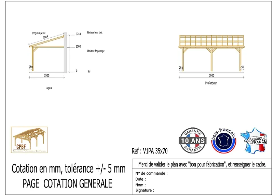 Carport adossé une pente 350cmx700cm, bois DOUGLAS Français (Charpente en bois-auvent-abri voiture) 25 m². Garantie 10 ans