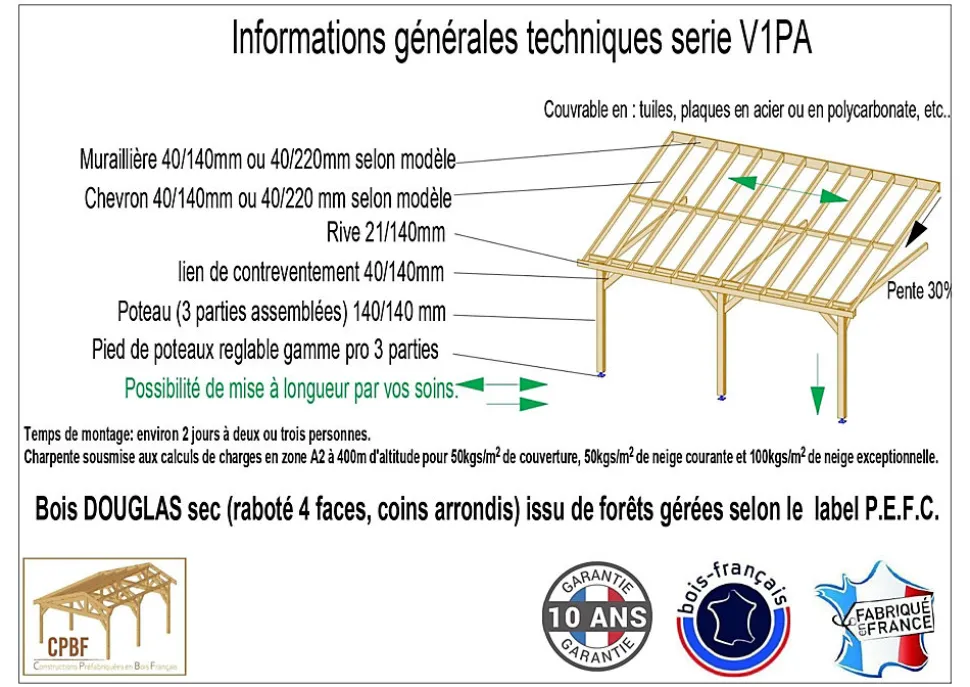Carport adossé une pente 350cmx700cm, bois DOUGLAS Français (Charpente en bois-auvent-abri voiture) 25 m². Garantie 10 ans