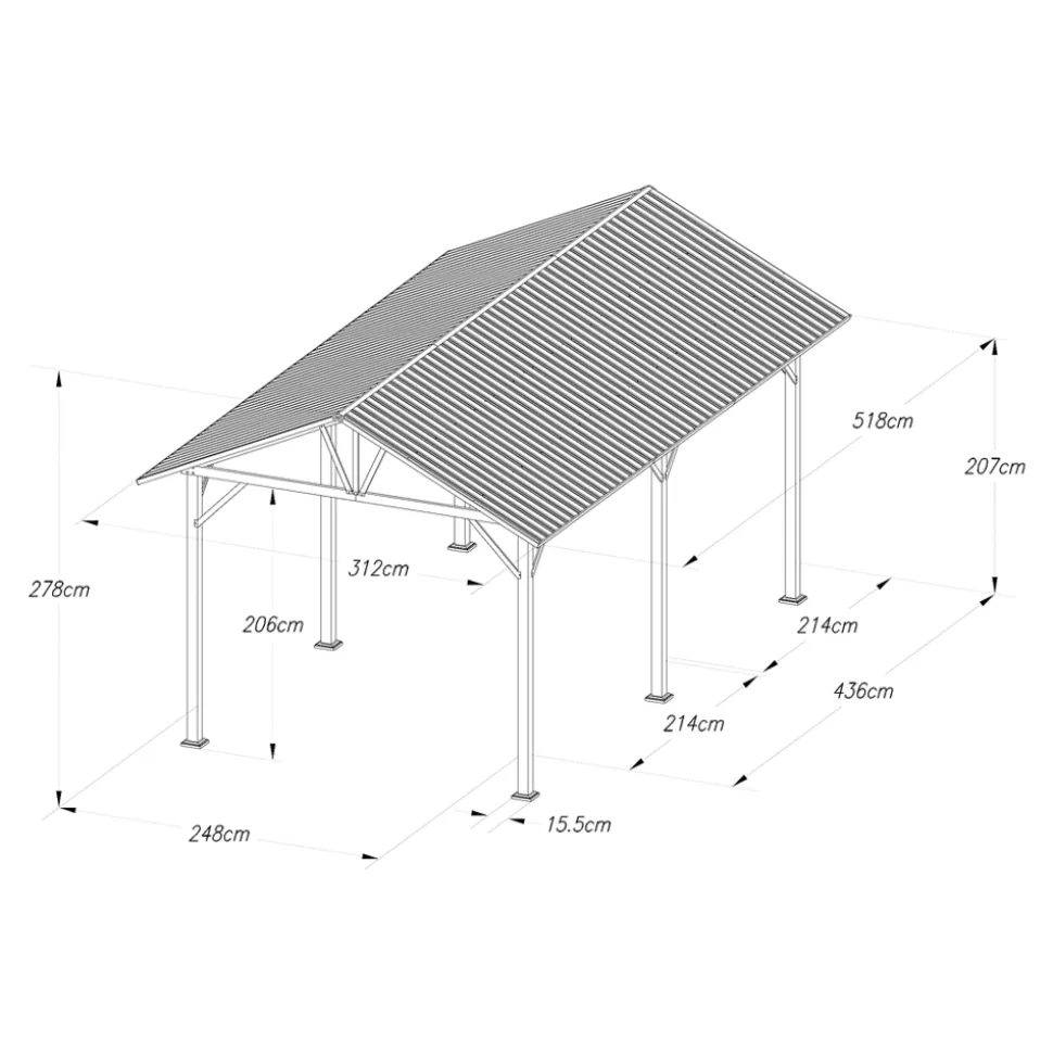 Carport en aluminium et toiture panneaux en acier double pente « Levant » Klikstrom gris anthracite 3.12 x 5.18 m