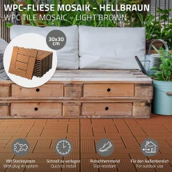 Carreaux de sol WPC 30x30 cm 5m² mosaïque pour jardin piscine patio marron clair