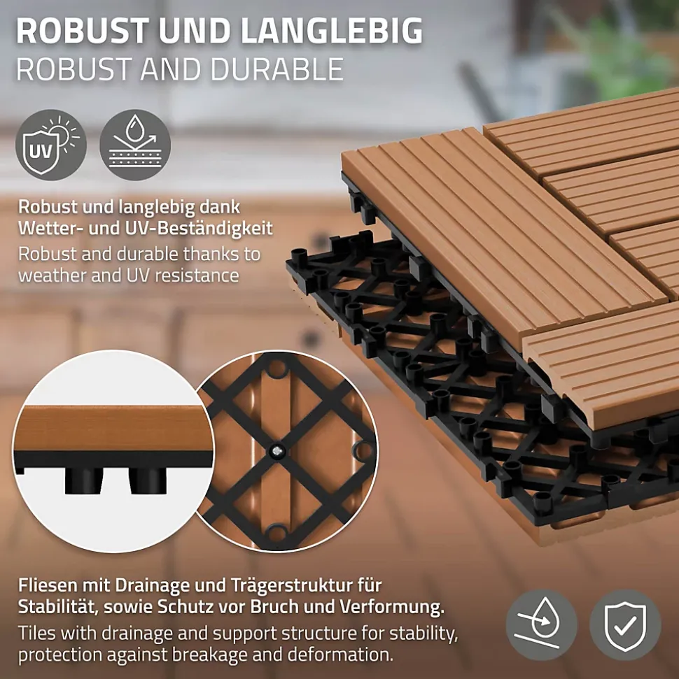 Carreaux de sol WPC 30x30 cm 5m² mosaïque pour jardin piscine patio marron clair