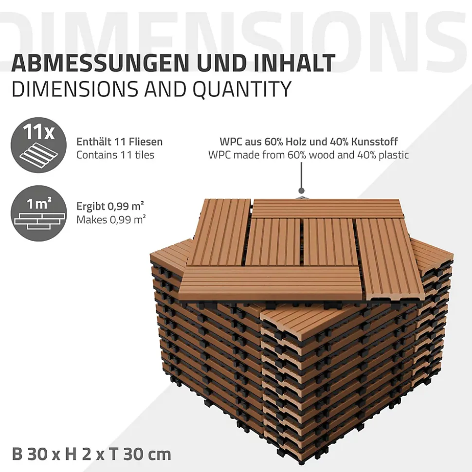 Carreaux de sol WPC 30x30 cm 5m² mosaïque pour jardin piscine patio marron clair