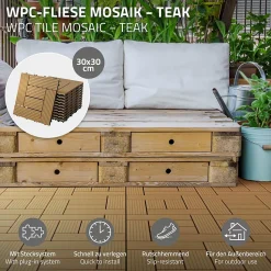 Carreaux de sol WPC 30x30cm 3m² pour terrasse jardin piscine patio mosaïque teck