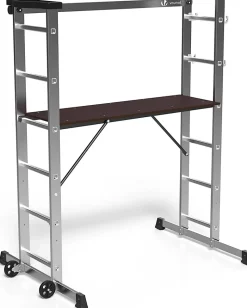 Échafaudage Aluminium 3 En 1 Échelle Stable Multifonction avec Plateforme de Travail : 120 x 40cm Charge Max 150KG 6 Postions