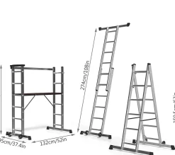 Échafaudage Aluminium 3 En 1 Échelle Stable Multifonction avec Plateforme de Travail : 120 x 40cm Charge Max 150KG 6 Postions