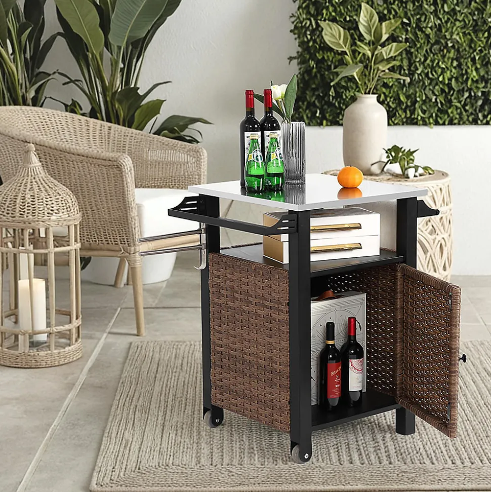 Chariot Bar Extérieur 1 Porte Osier Acier Inox Plateau Marron Blackcolors