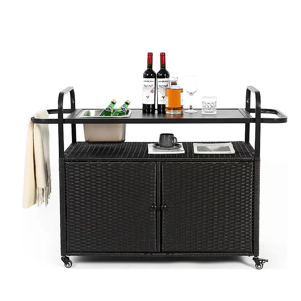 Chariot Bar Extérieur Osier Acier Seau Glace Roues Verrou Noir Blackcolors