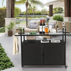 Chariot Bar Extérieur Osier Acier Seau Glace Roues Verrou Noir Blackcolors