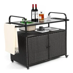 Chariot Bar Extérieur Osier Acier Seau Glace Roues Verrou Noir Blackcolors