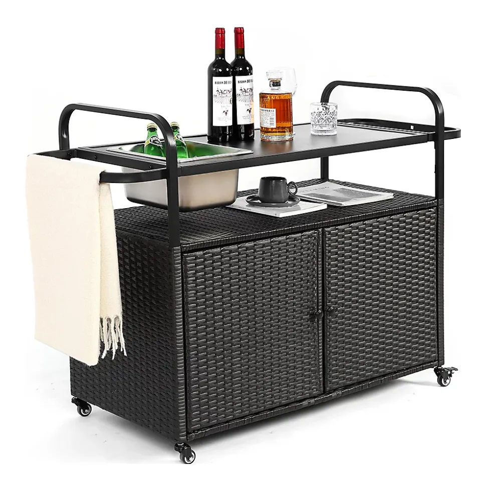 Chariot Bar Extérieur Osier Acier Seau Glace Roues Verrou Noir Blackcolors