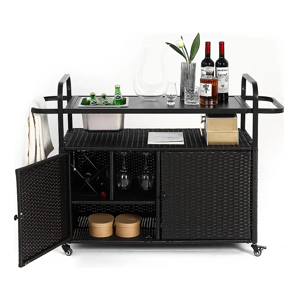 Chariot Bar Extérieur Osier Acier Seau Glace Roues Verrou Noir Blackcolors