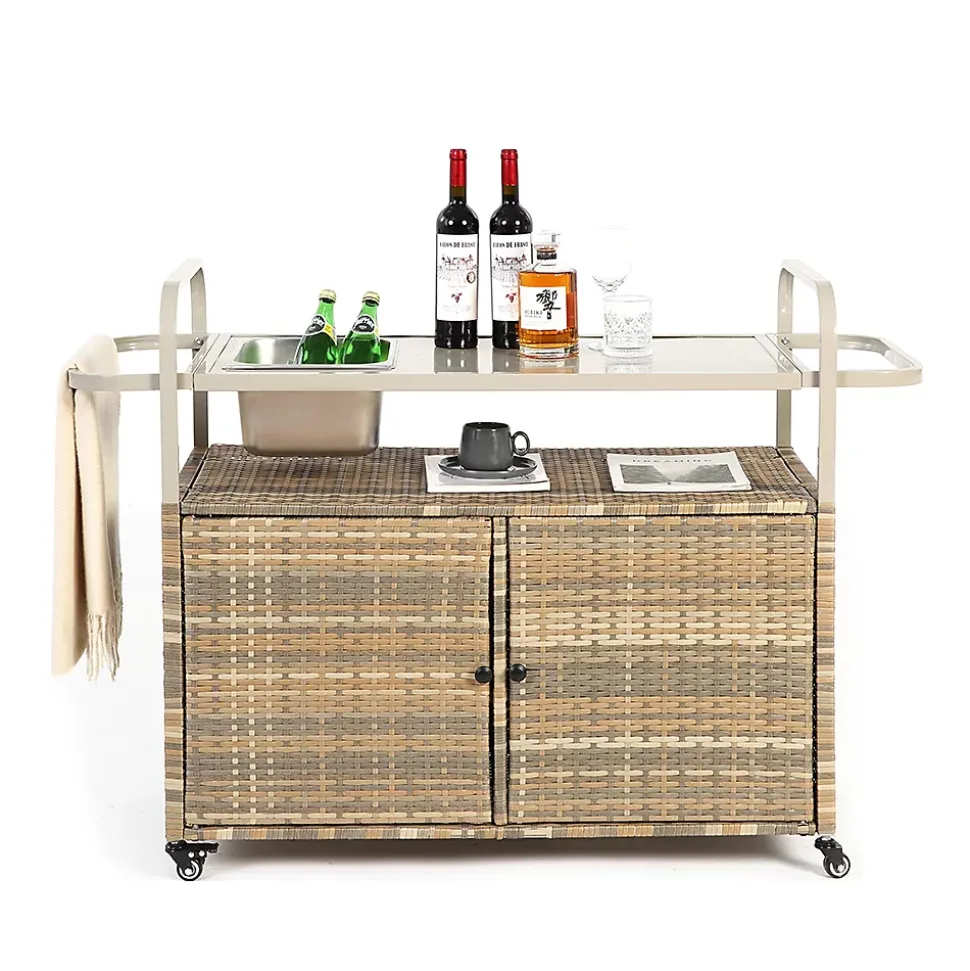 Chariot Bar Extérieur Osier Acier Seau Glace Roues Verrou Beige Blackcolors