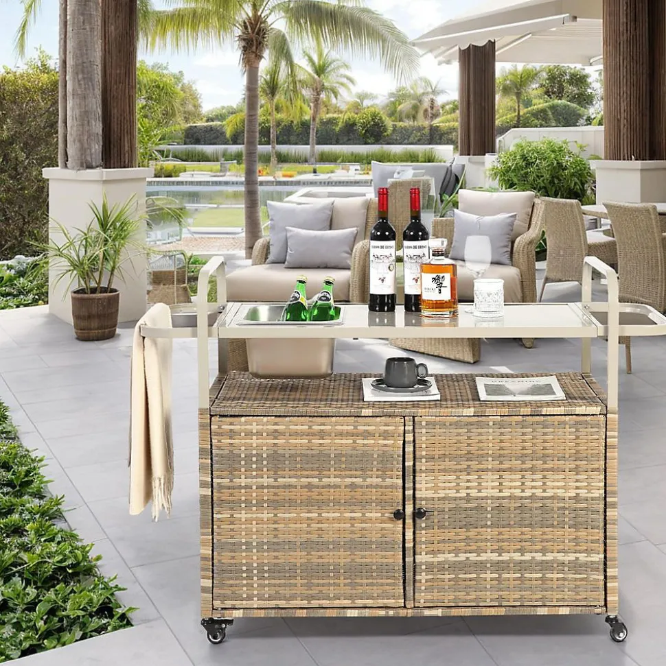 Chariot Bar Extérieur Osier Acier Seau Glace Roues Verrou Beige Blackcolors