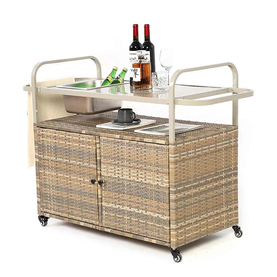 Chariot Bar Extérieur Osier Acier Seau Glace Roues Verrou Beige Blackcolors