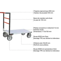 Chariot charge lourde - Plateau mélaminé 1115x750mm - Charge max 600kg - 806723150