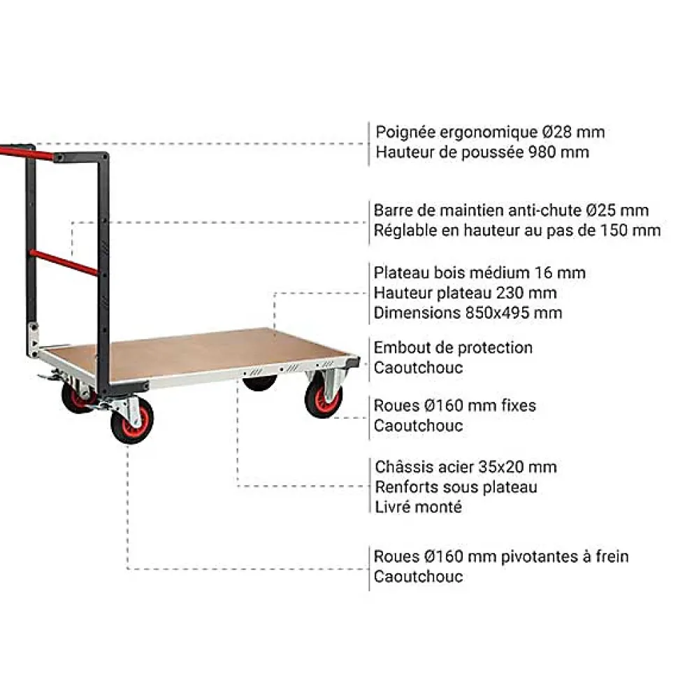 Chariot charge lourde - Plateau bois médium 16mm - Dimensions 850x495mm - Charge 400kg - 806721230
