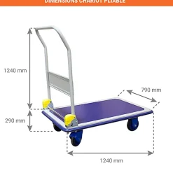 Chariot de manutention pliable avec frein 500kg - Plateau 1240x790mm en acier renforcé - 805007348