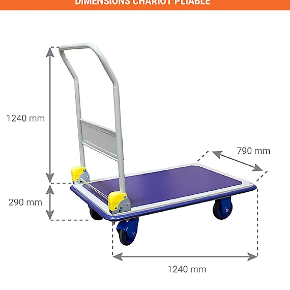 Chariot de manutention pliable avec frein 500kg - Plateau 1240x790mm en acier renforcé - 805007348