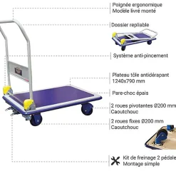 Chariot de manutention pliable avec frein 500kg - Plateau 1240x790mm en acier renforcé - 805007348