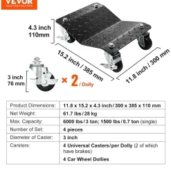 Chariot de Manutention pour Voiture, Charge 3T, 4 Pièces Plateforme 38,5x30 cm, Roues Verrouillables