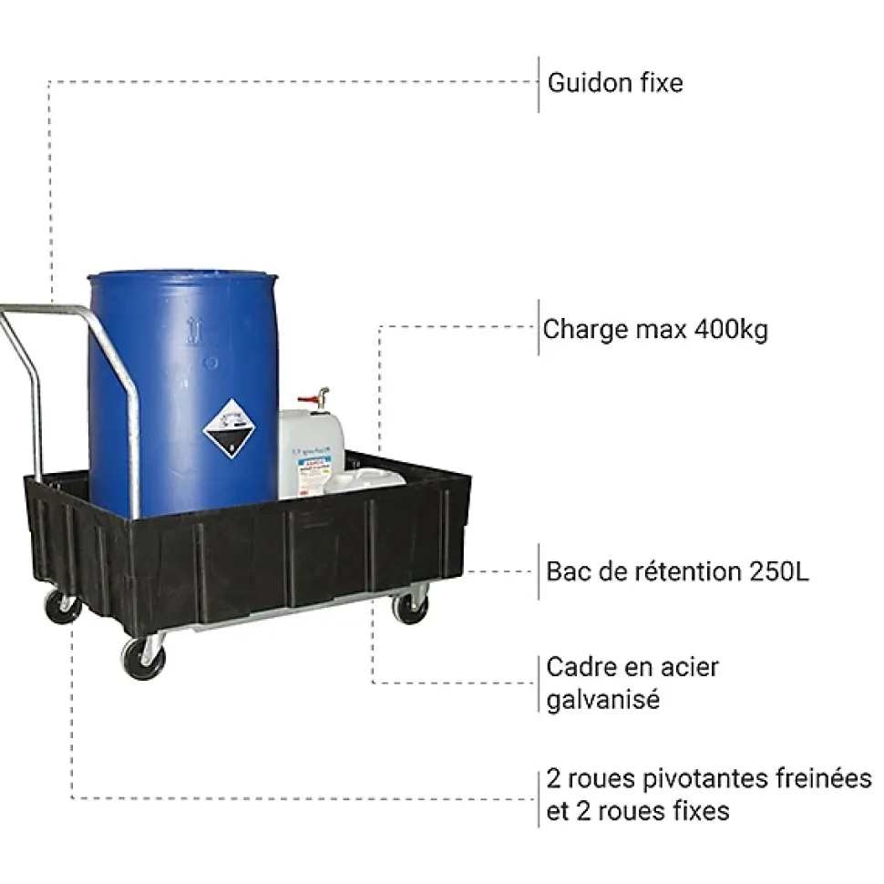 Chariot de rétention - 250 litres - Charge max 400kg - 8433