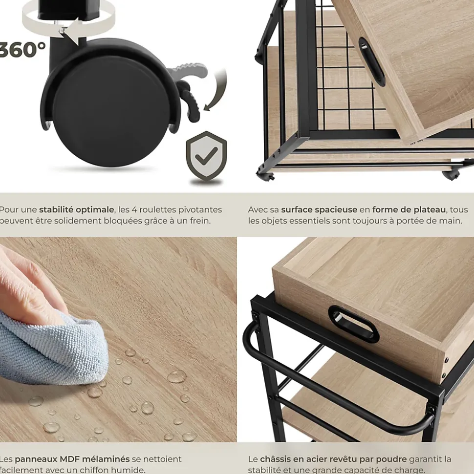 Chariot de service Style industriel Bois et acier Bois clair