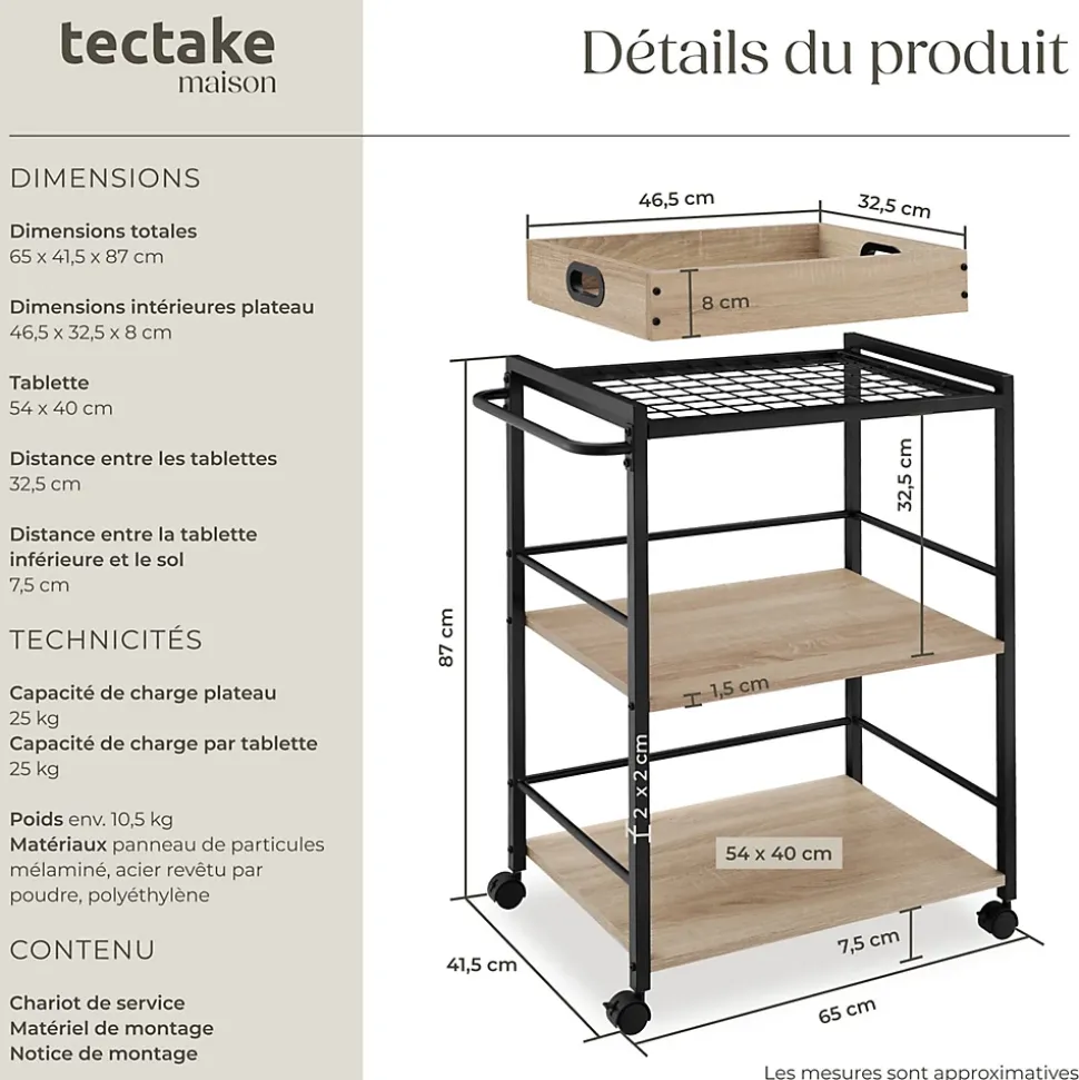 Chariot de service Style industriel Bois et acier Bois clair