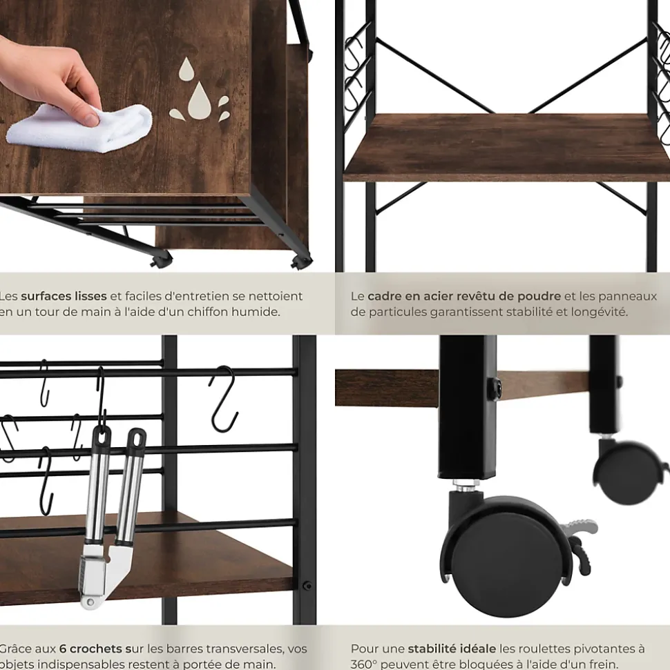Chariot de service Style industriel Bois et acier Bois foncé