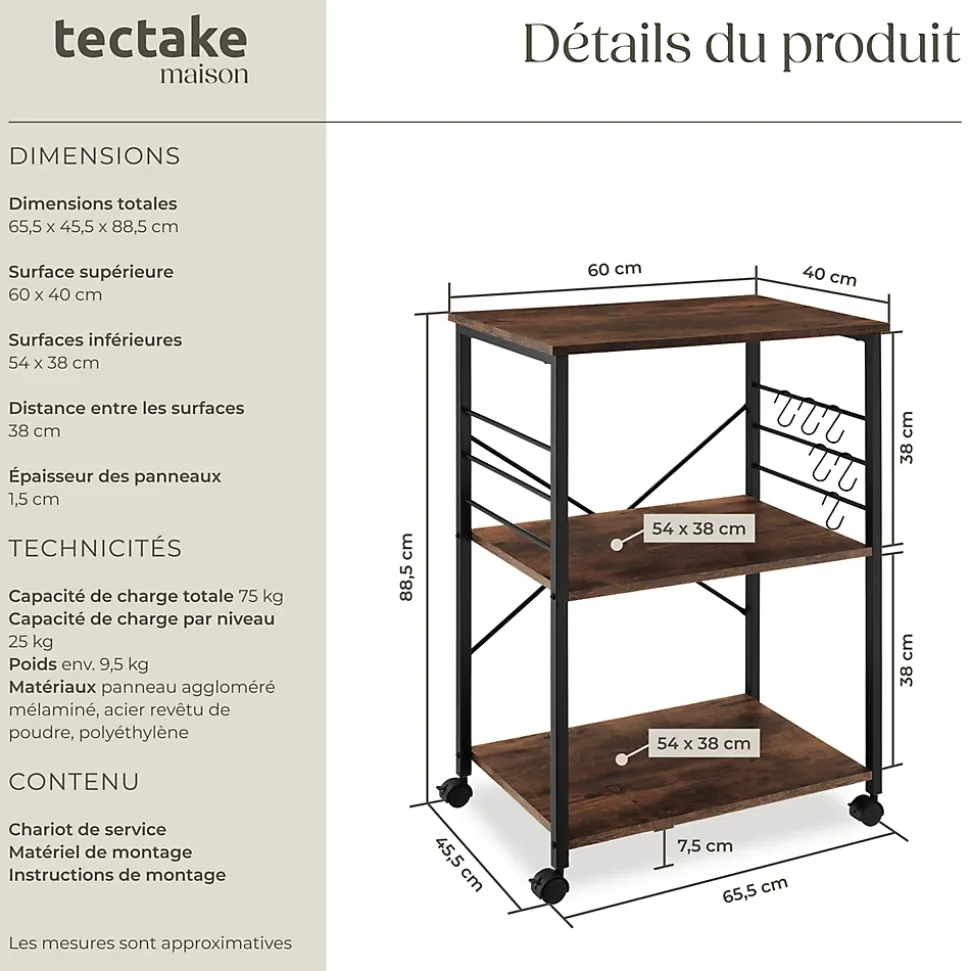 Chariot de service Style industriel Bois et acier Bois foncé
