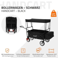Chariot de transport pliable Hauki 170x53x104 cm noir avec toit panier amovible poche extérieure