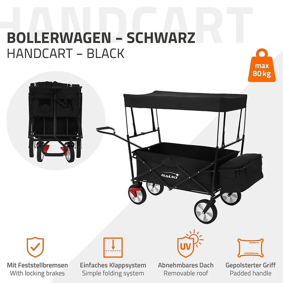 Chariot de transport pliable Hauki 170x53x104 cm noir avec toit panier amovible poche extérieure