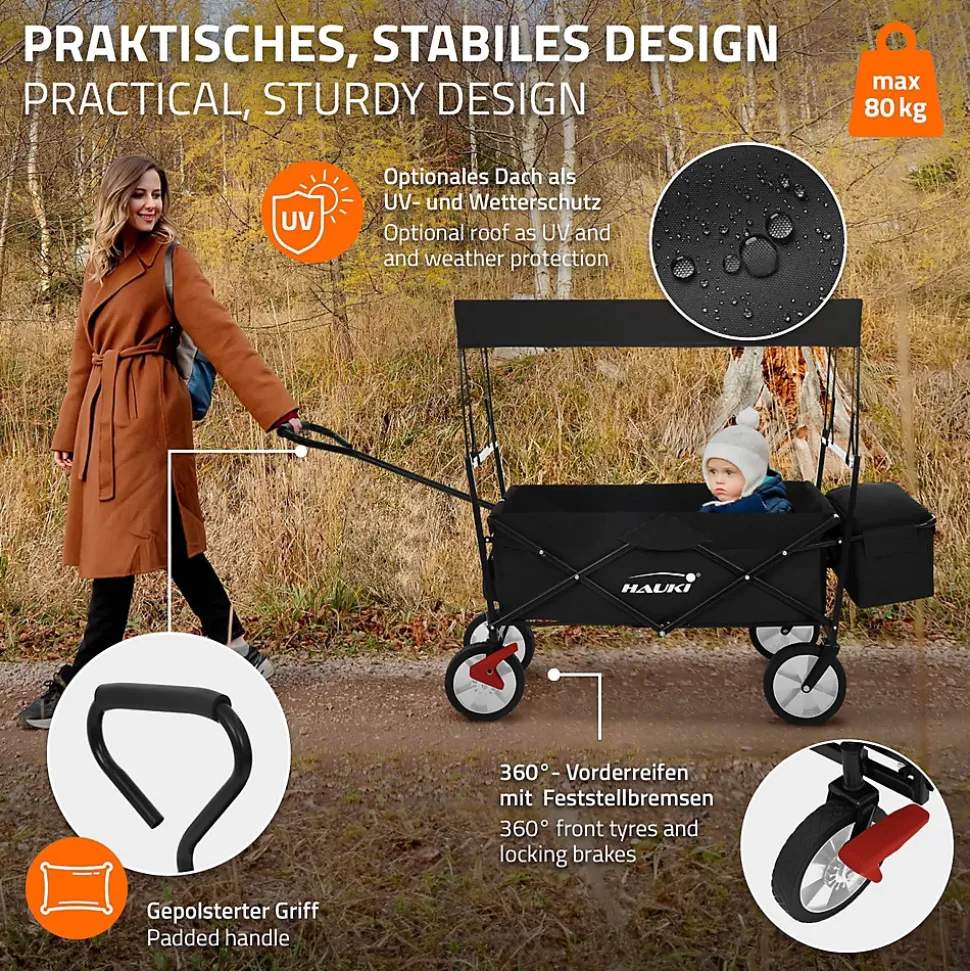 Chariot de transport pliable Hauki 170x53x104 cm noir avec toit panier amovible poche extérieure