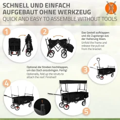 Chariot de transport pliable Hauki 170x53x104 cm noir avec toit panier amovible poche extérieure