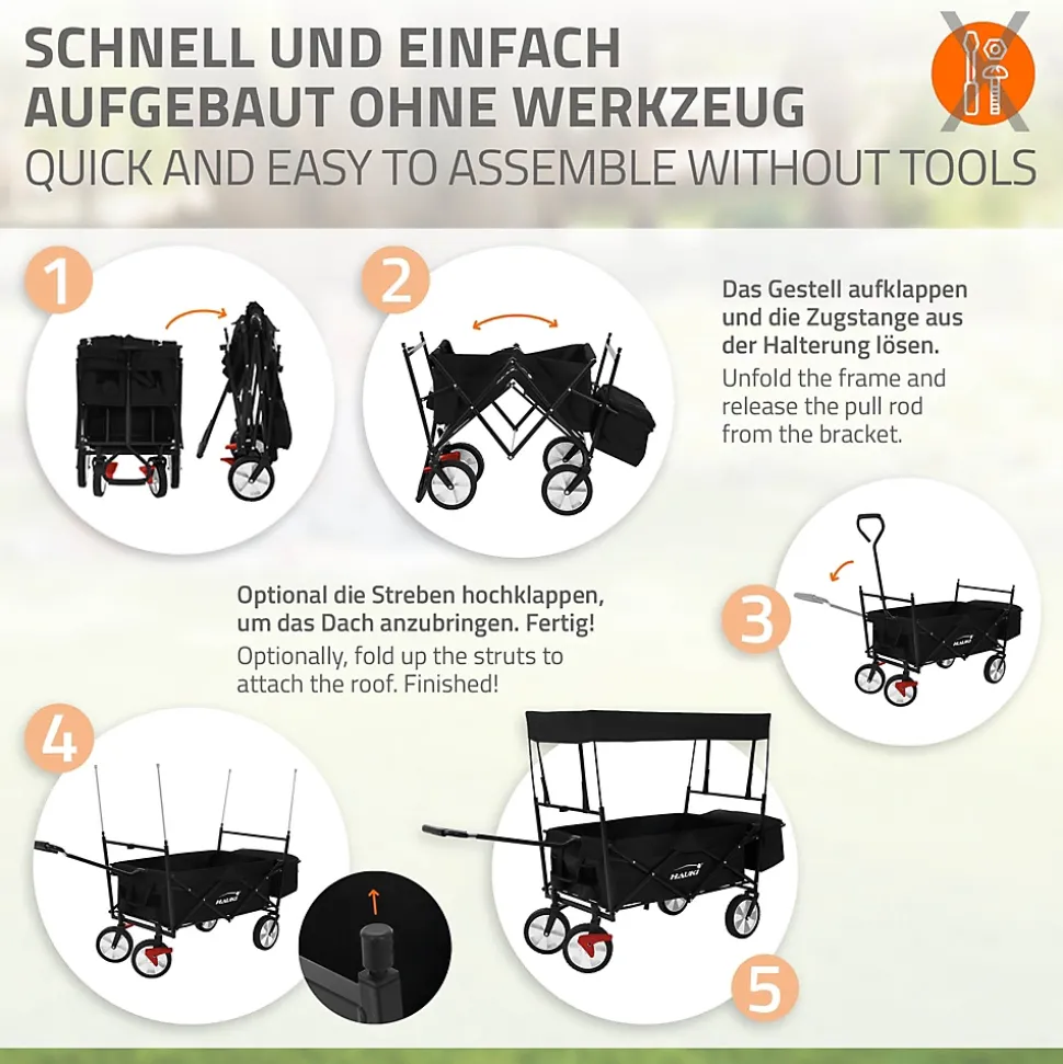 Chariot de transport pliable Hauki 170x53x104 cm noir avec toit panier amovible poche extérieure