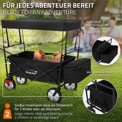 Chariot de transport pliable Hauki 170x53x104 cm noir avec toit panier amovible poche extérieure