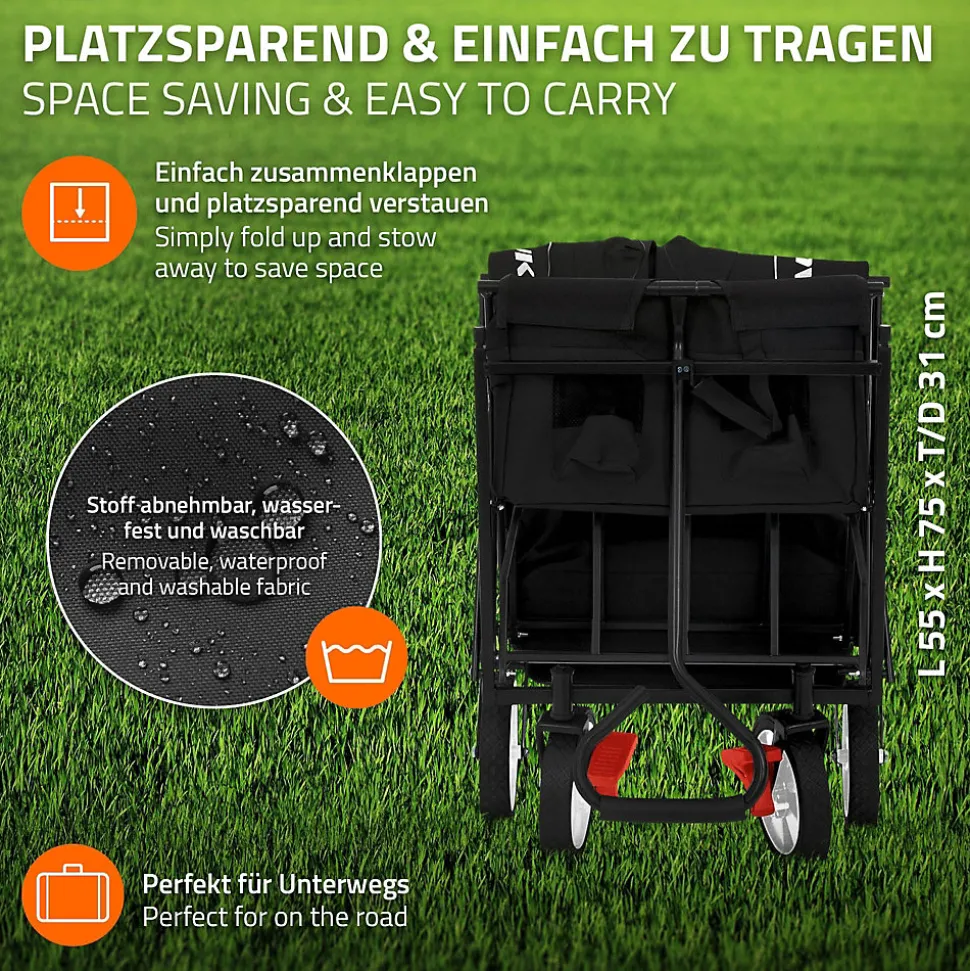Chariot de transport pliable Hauki 170x53x104 cm noir avec toit panier amovible poche extérieure