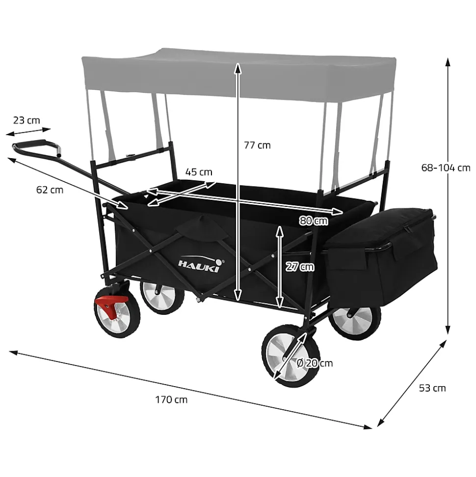 Chariot de transport pliable Hauki 170x53x104 cm noir avec toit panier amovible poche extérieure
